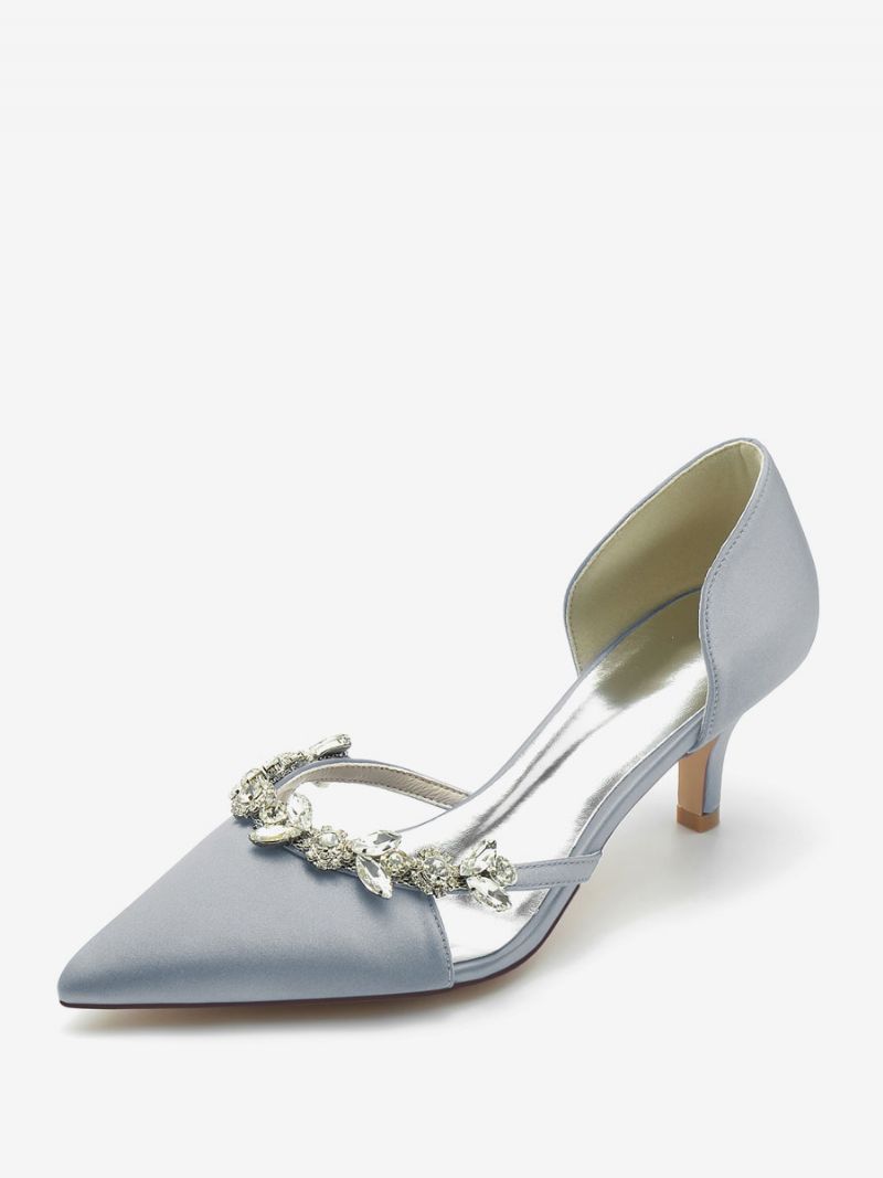 Bröllopsskor Dam Bridal Pumps Siden Och Satin Spetsad Tå Strass Slip-on Brudskor Kitten Heel - Silver