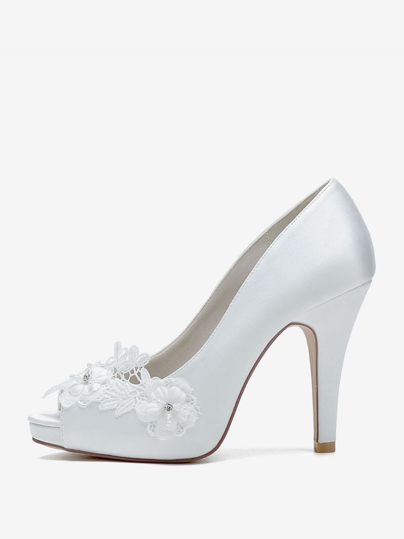 Bröllopsskor För Kvinnor Bridal Pumps Satin Peep Toe - Vit