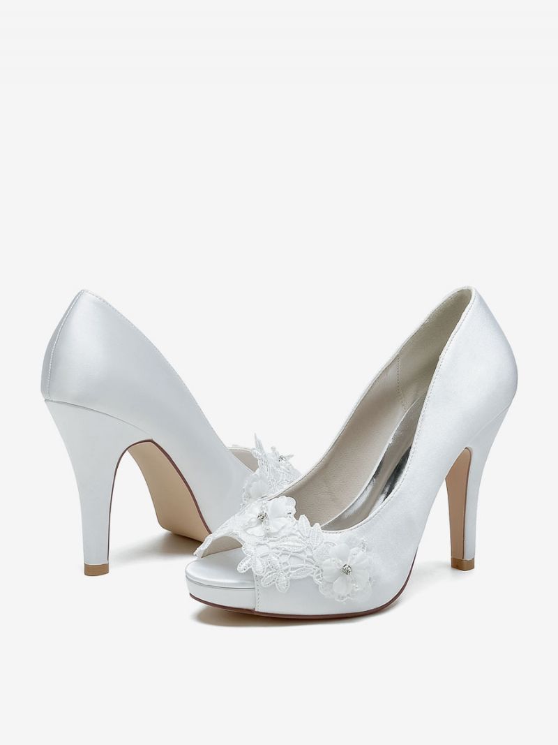 Bröllopsskor För Kvinnor Bridal Pumps Satin Peep Toe - Vit