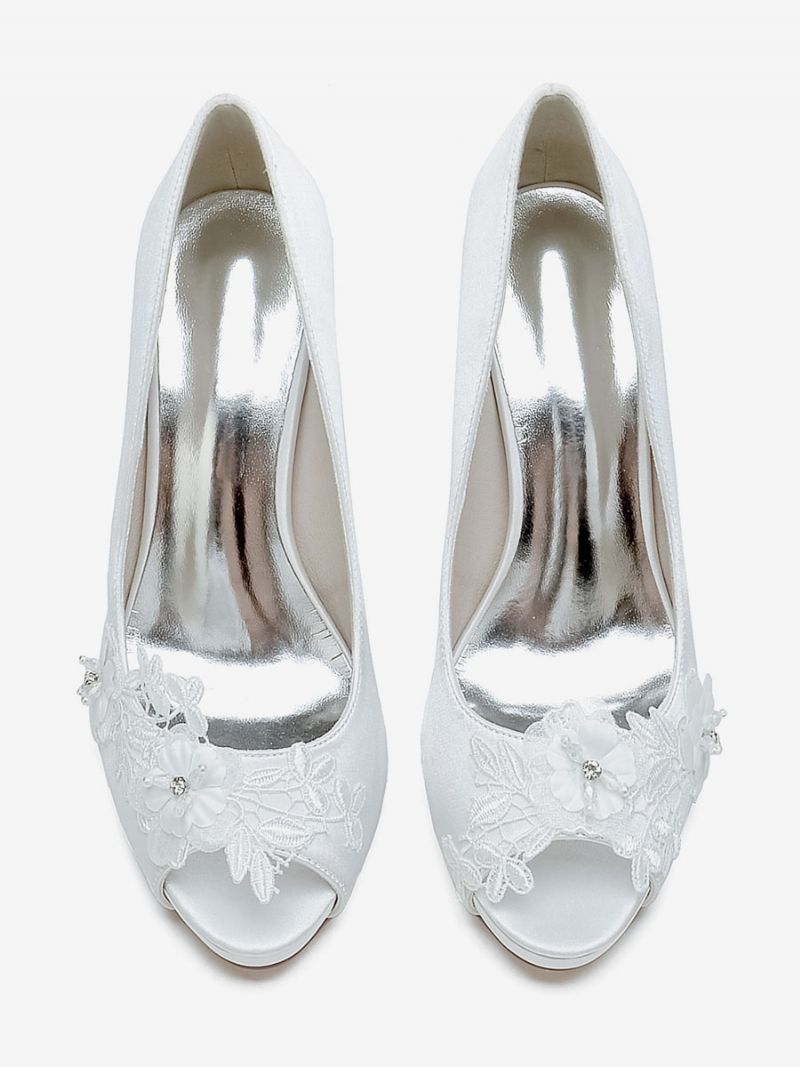 Bröllopsskor För Kvinnor Bridal Pumps Satin Peep Toe - Vit