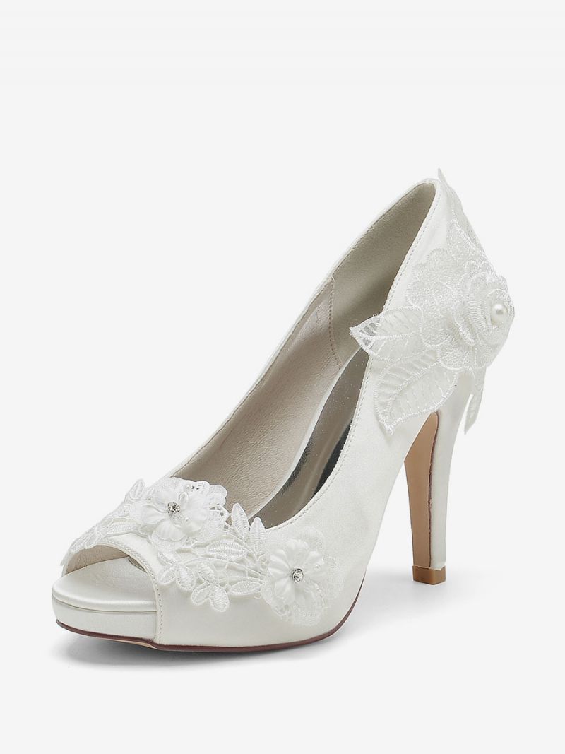 Bröllopsskor För Kvinnor Bridal Pumps Satin Peep Toe - Elfenben