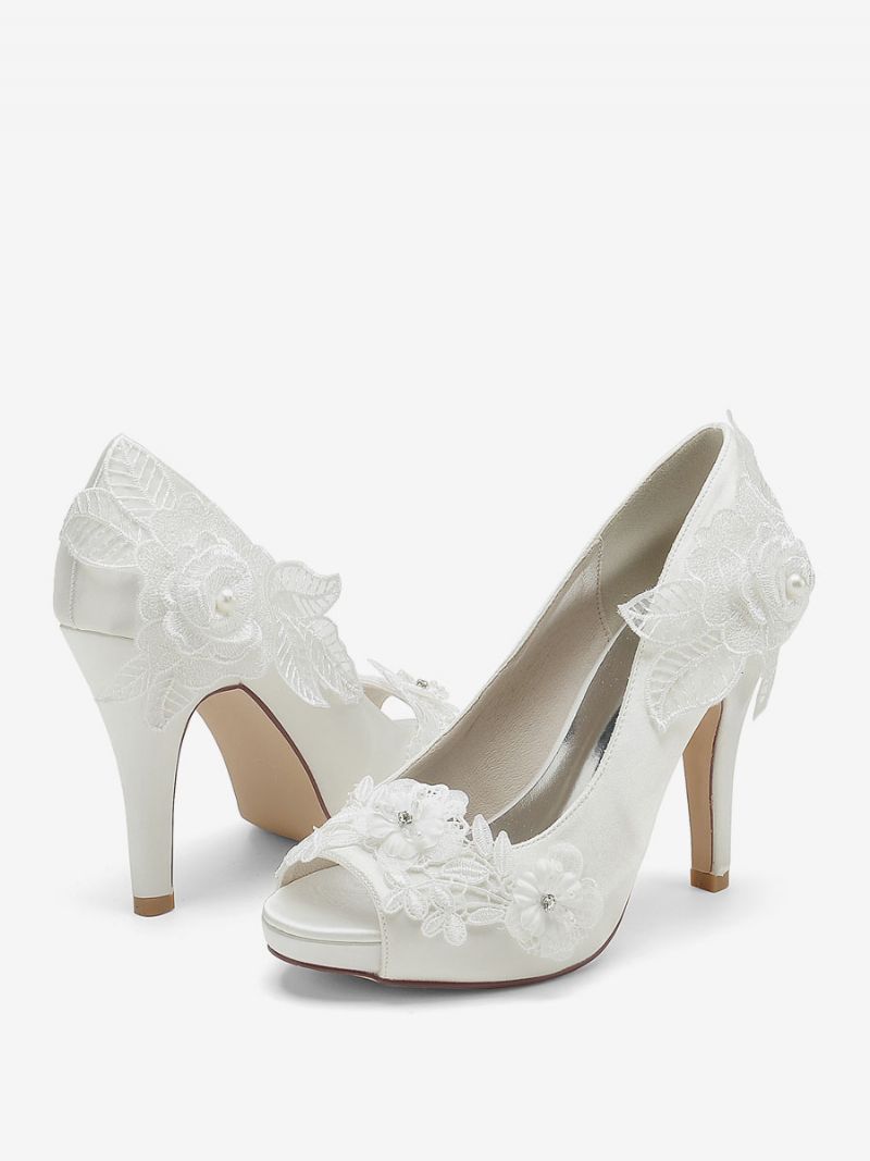 Bröllopsskor För Kvinnor Bridal Pumps Satin Peep Toe - Elfenben