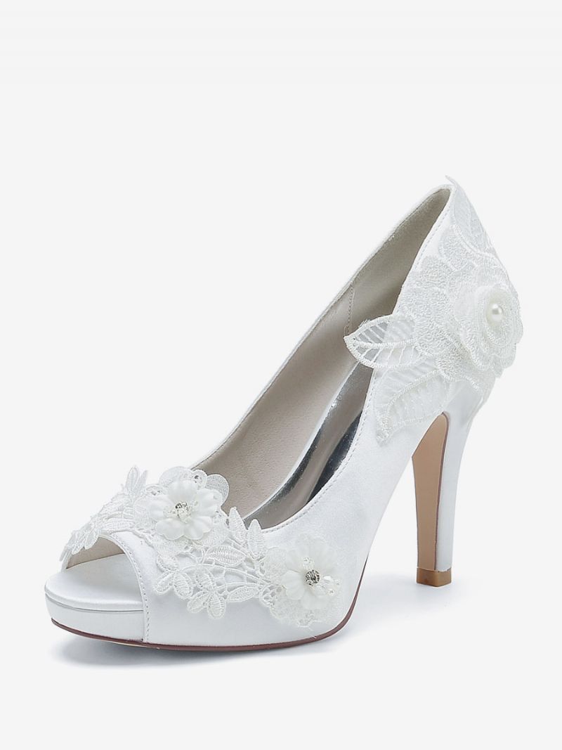 Bröllopsskor För Kvinnor Bridal Pumps Satin Peep Toe - Vit