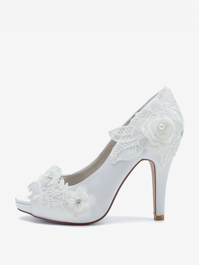 Bröllopsskor För Kvinnor Bridal Pumps Satin Peep Toe - Vit