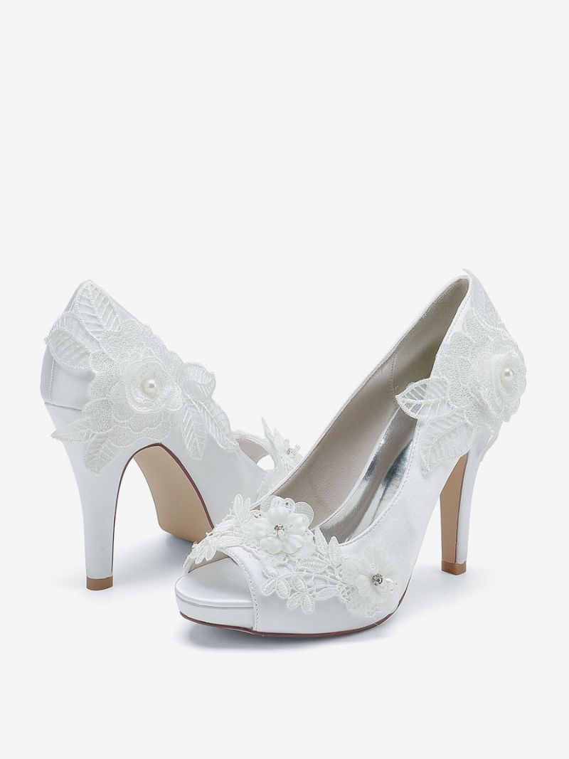 Bröllopsskor För Kvinnor Bridal Pumps Satin Peep Toe - Vit