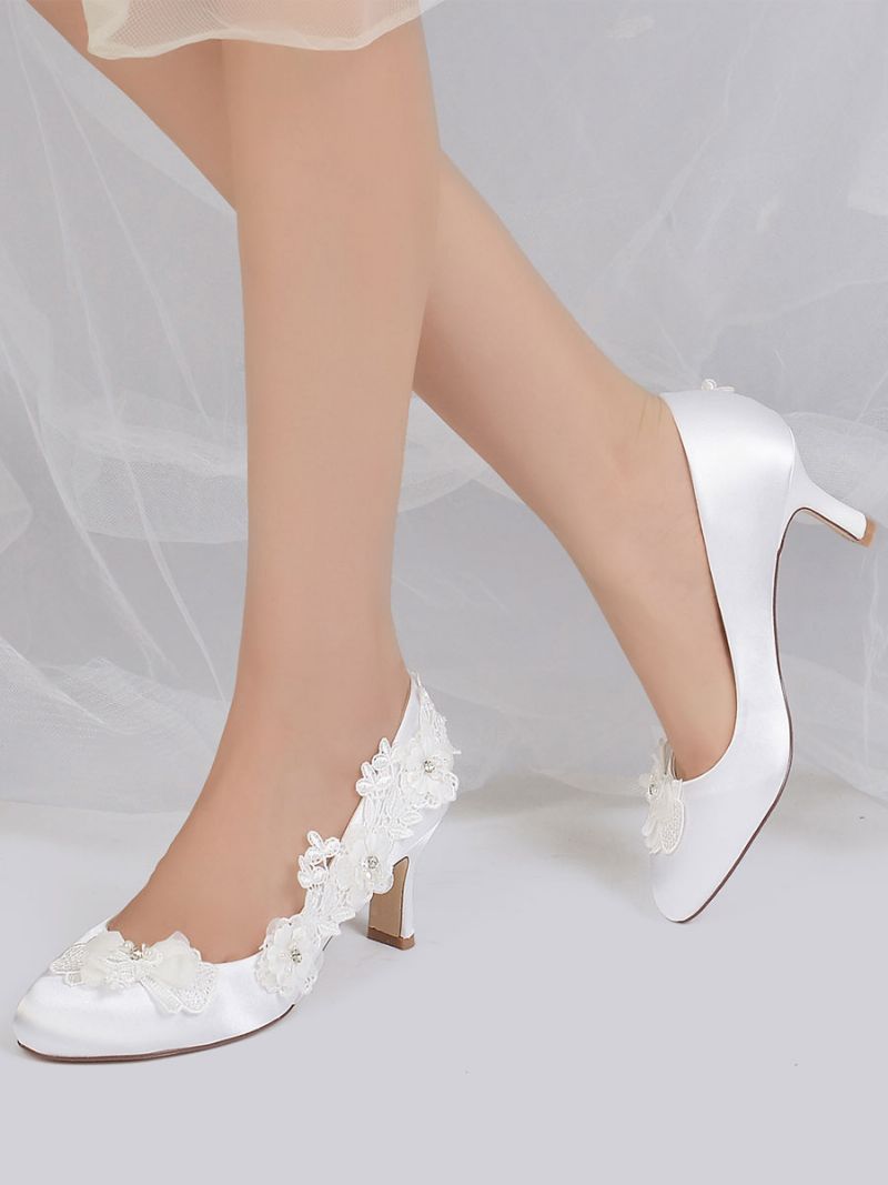 Bröllopsskor För Kvinnor Bridal Pumps Satin Rund Toe - Vit