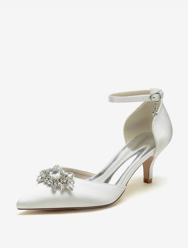 Bröllopsskor För Kvinnor Bridal Pumps Satin Spetsad Tå Strass - Elfenben