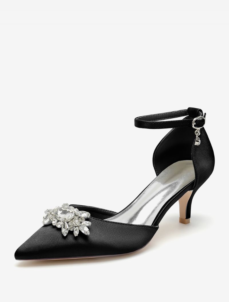 Bröllopsskor För Kvinnor Bridal Pumps Satin Spetsad Tå Strass - Svart