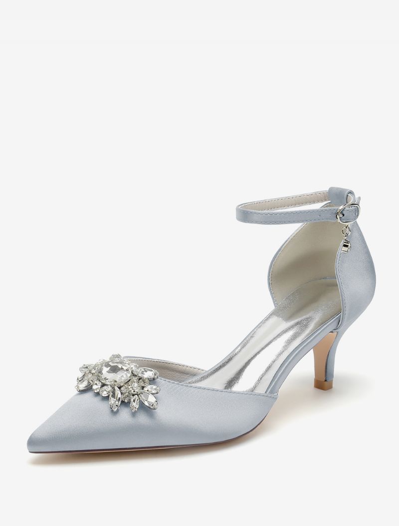 Bröllopsskor För Kvinnor Bridal Pumps Satin Spetsad Tå Strass - Silver