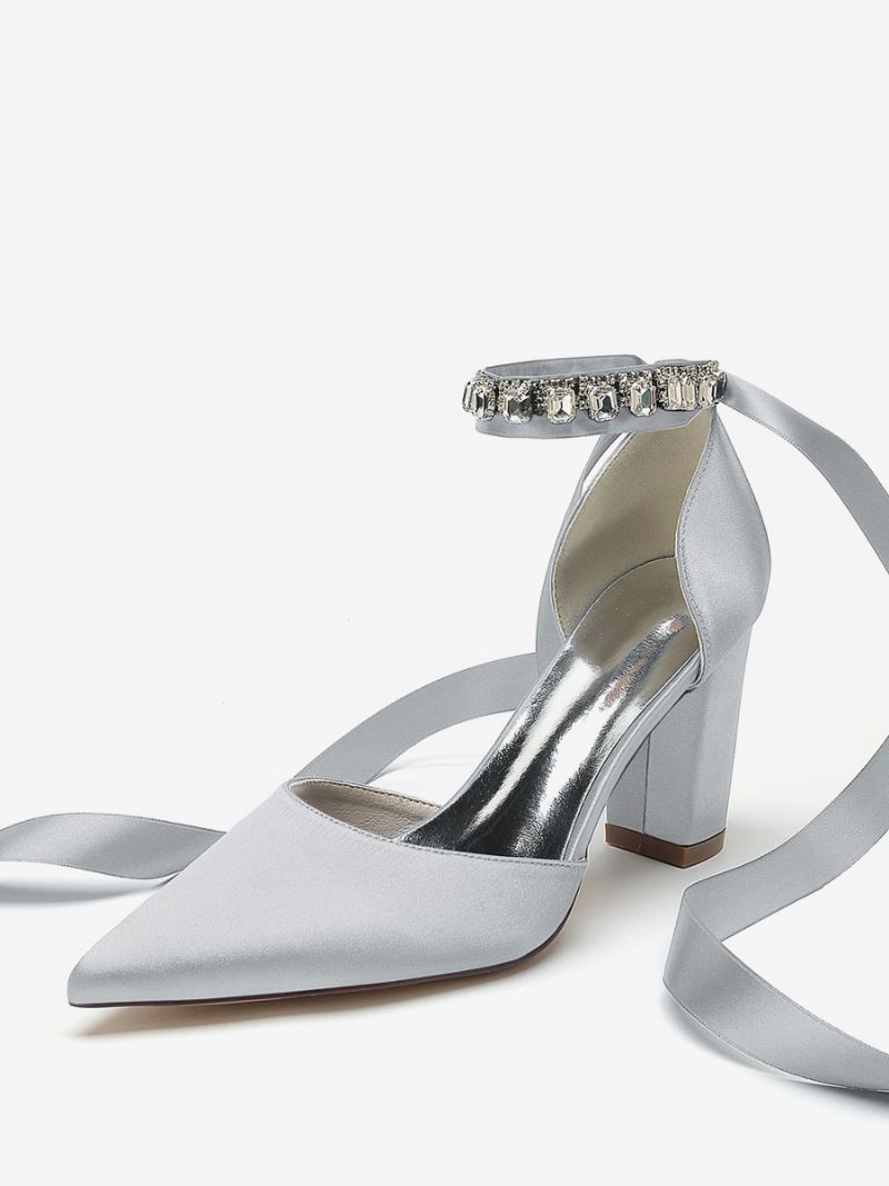 Bröllopsskor För Kvinnor Bridal Pumps Satin Spetsig Tå - Silver