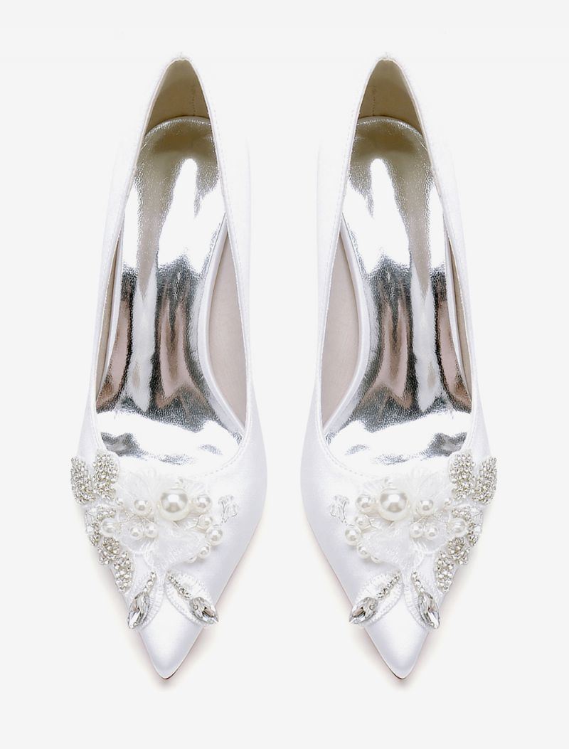 Bröllopsskor För Kvinnor Bridal Pumps Satin Spetsig Tå - Vit