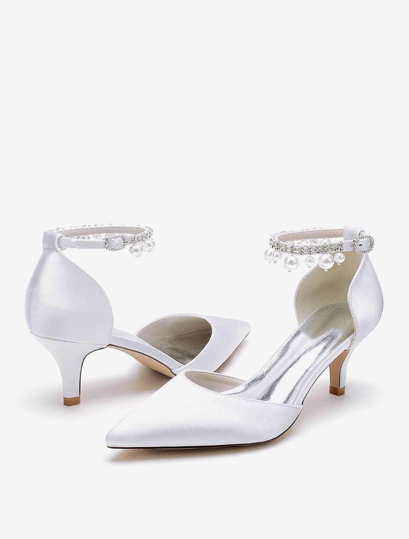 Bröllopsskor För Kvinnor Bridal Pumps Satin Spetsig Tå - Vit