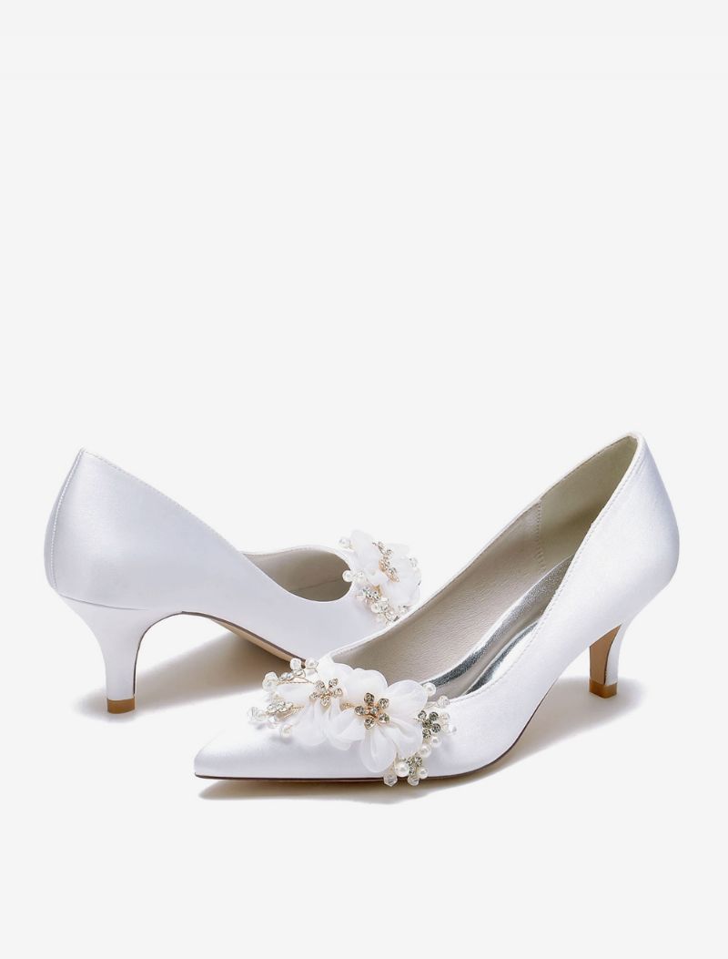 Bröllopsskor För Kvinnor Bridal Pumps Satin Spetsig Tå - Vit