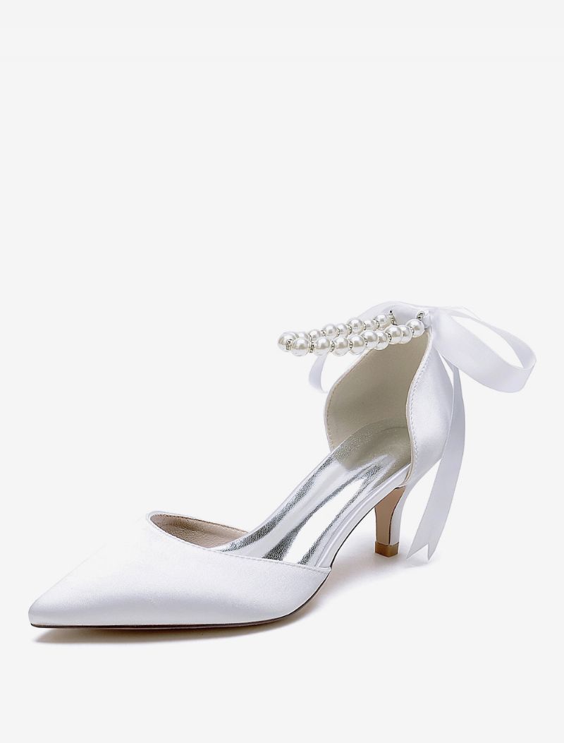 Bröllopsskor För Kvinnor Bridal Pumps Satin Spetsiga Tå Pärlor