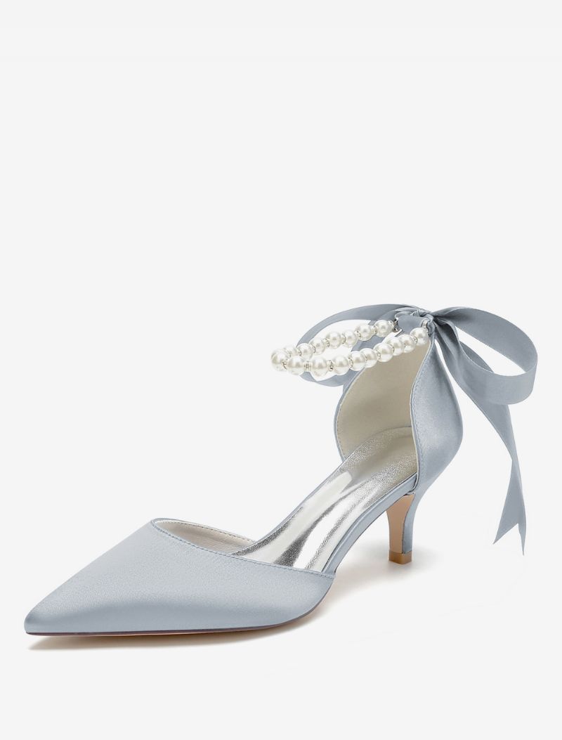 Bröllopsskor För Kvinnor Bridal Pumps Satin Spetsiga Tå Pärlor - Silver