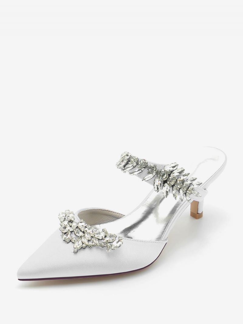 Bröllopsskor För Kvinnor Bridal Pumps Silke Och Satin Spetsad Tå Strass - Vit