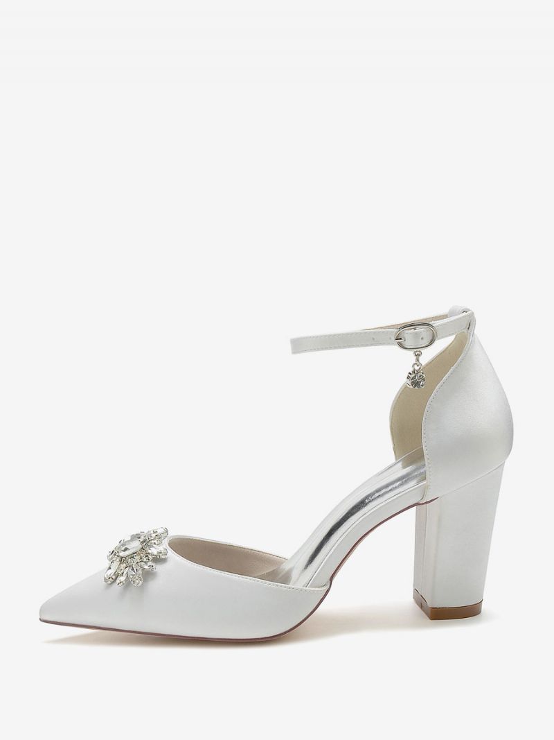 Bröllopsskor För Kvinnor Bridal Pumps Silke Och Satin Spetsad Tå Strass - Vit