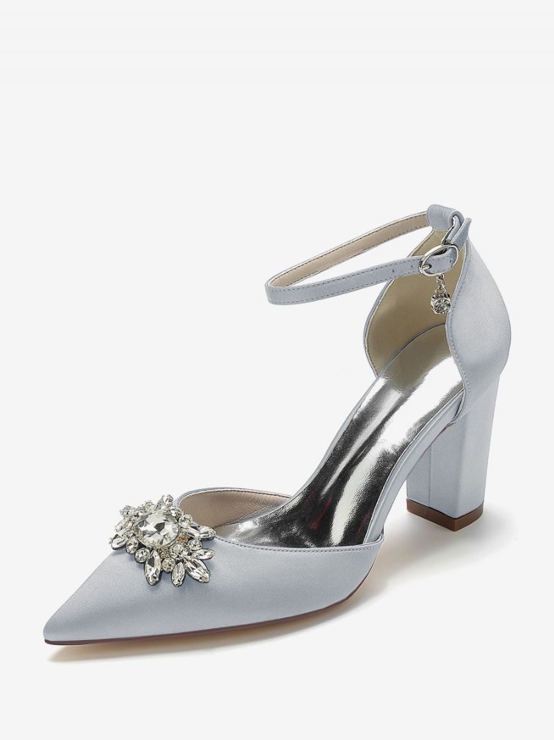 Bröllopsskor För Kvinnor Bridal Pumps Silke Och Satin Spetsad Tå Strass - Silver