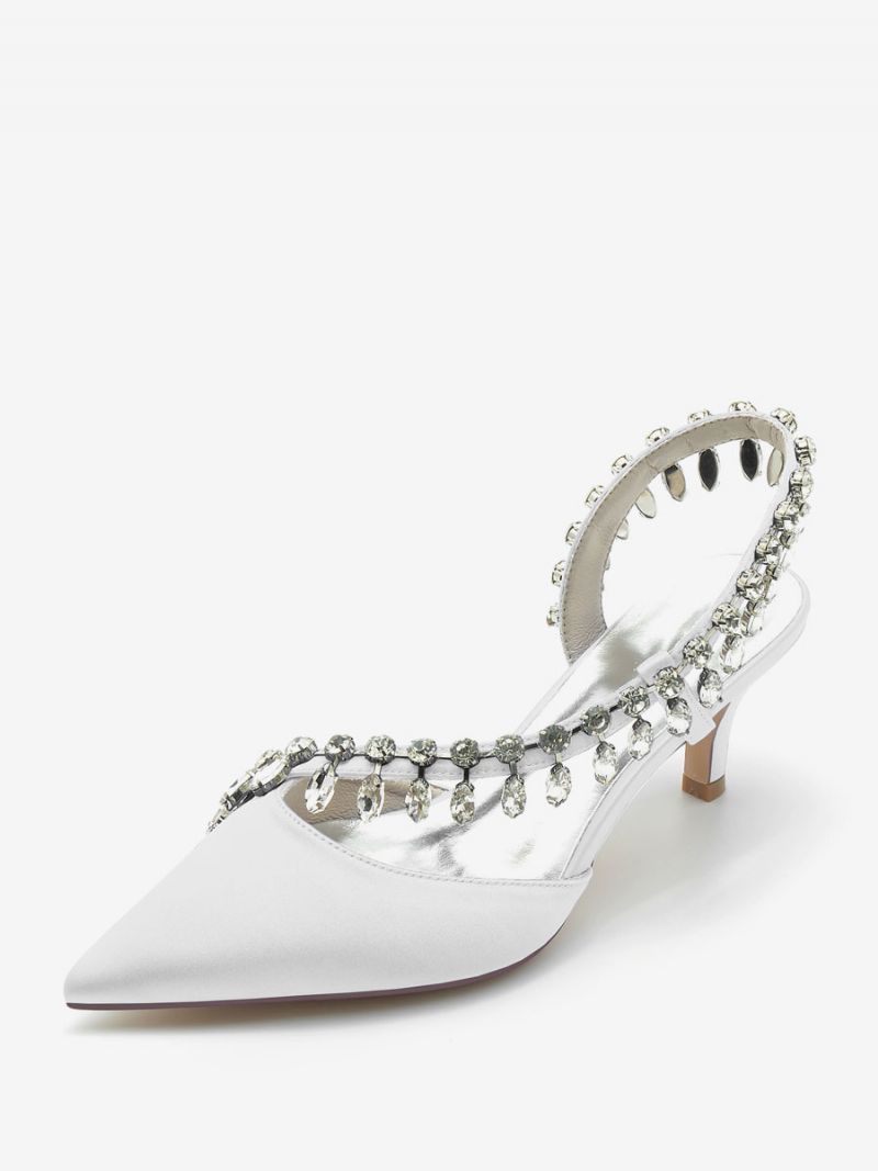 Bröllopsskor För Kvinnor Bridal Pumps Silke Och Satin Spetsad Tå Strass - Vit