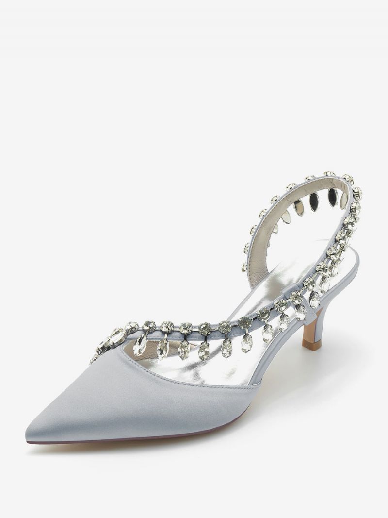 Bröllopsskor För Kvinnor Bridal Pumps Silke Och Satin Spetsad Tå Strass - Silver