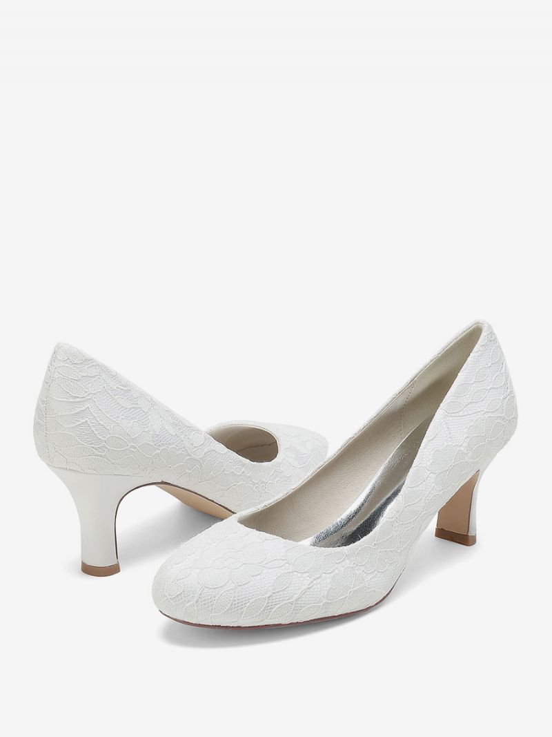 Bröllopsskor För Kvinnor Bridal Pumps Spets Rund Tå Broderade - Vit