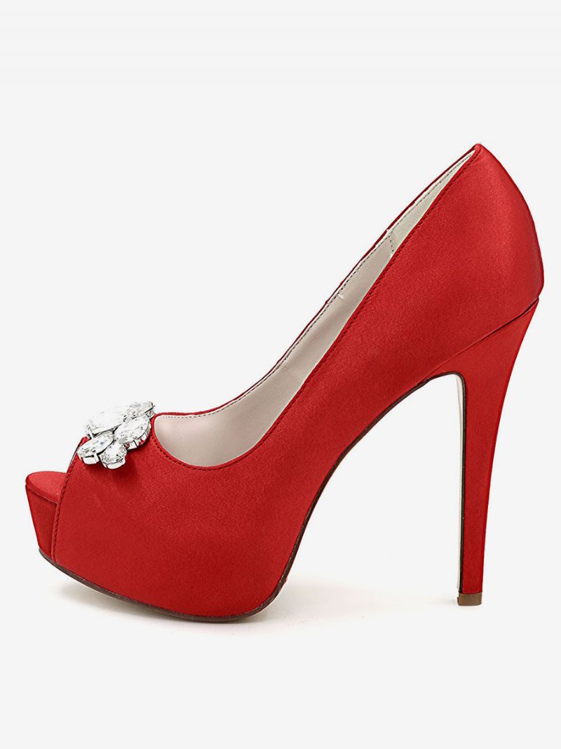 Bröllopsskor För Kvinnor Peep Toe Stiletto Heel Pumps I Satin - Rött