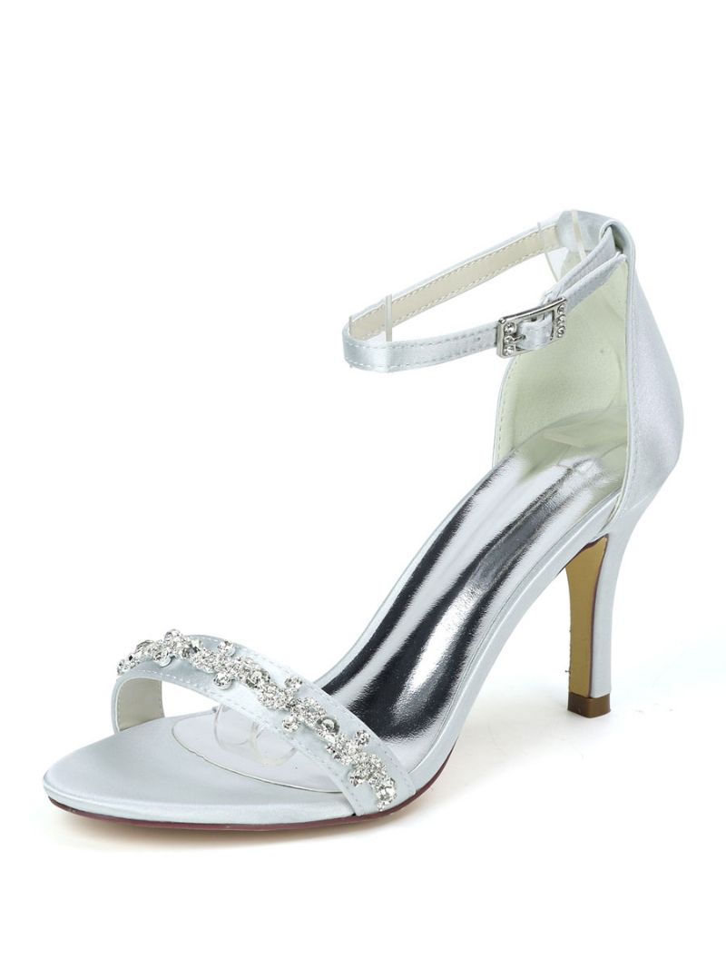 Bröllopsskor För Kvinnor Rhinestone Ankelrem Stiletto Heel Sandaler - Silver