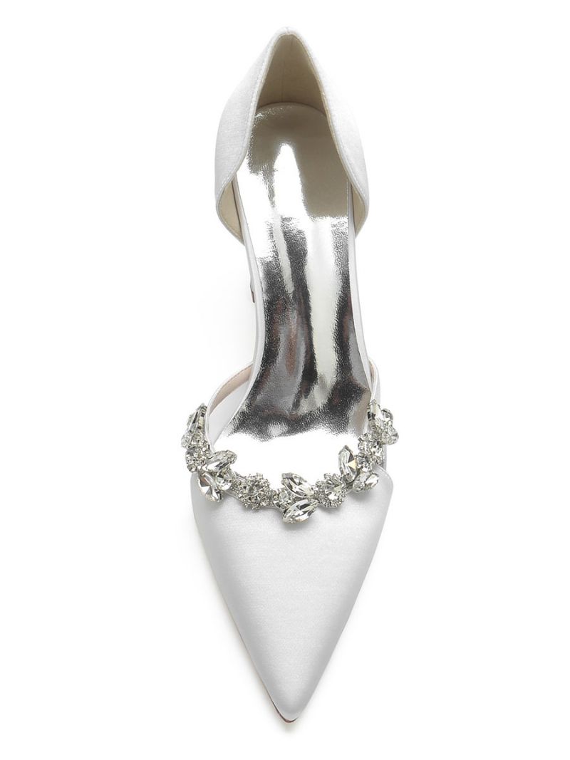 Bröllopsskor För Kvinnor Rhinestones Dorsay Chunky Heel Pumps I Satin - Vit