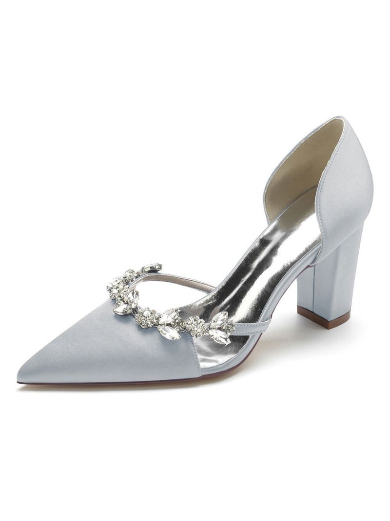 Bröllopsskor För Kvinnor Rhinestones Dorsay Chunky Heel Pumps I Satin - Silver