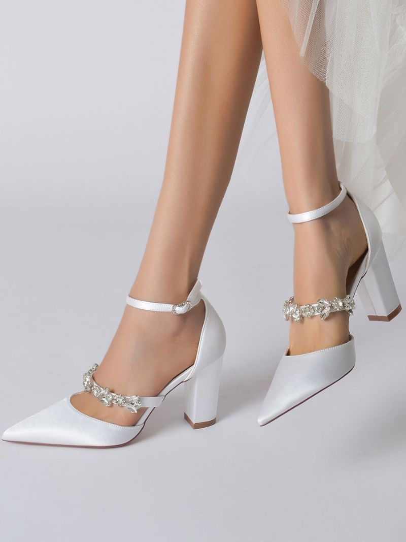 Bröllopsskor För Kvinnor Rhinestones Satin Spetsiga Tå Chunky Heel Brudskor - Vit