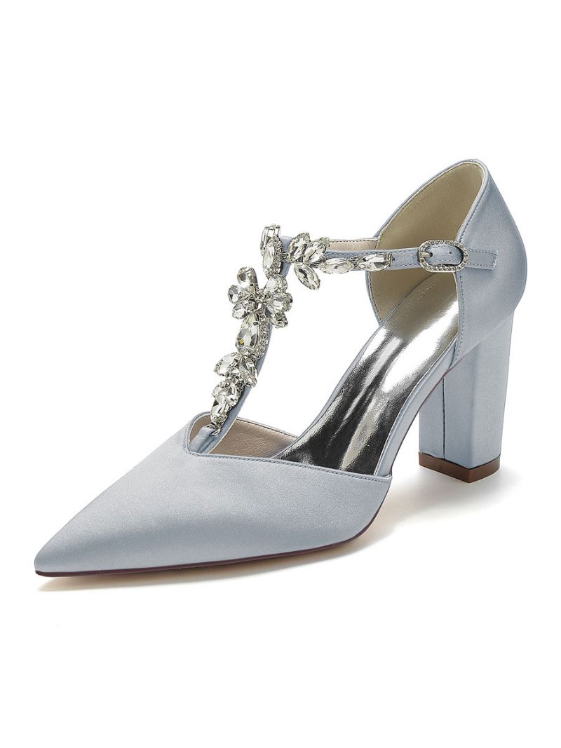 Bröllopsskor För Kvinnor Rhinestones Satin Spetsiga Tå Chunky Heel Brudskor - Silver