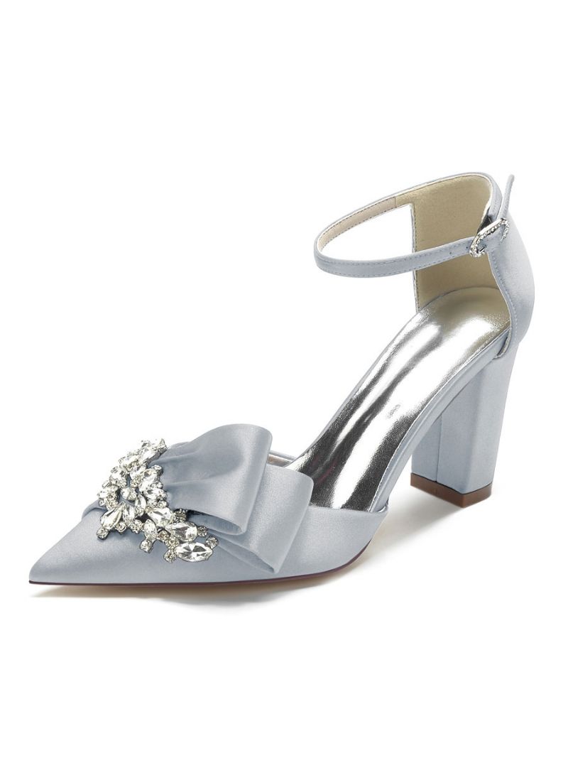 Bröllopsskor För Kvinnor Rhinestones Satin Spetsiga Tå Chunky Heel Brudskor - Silver