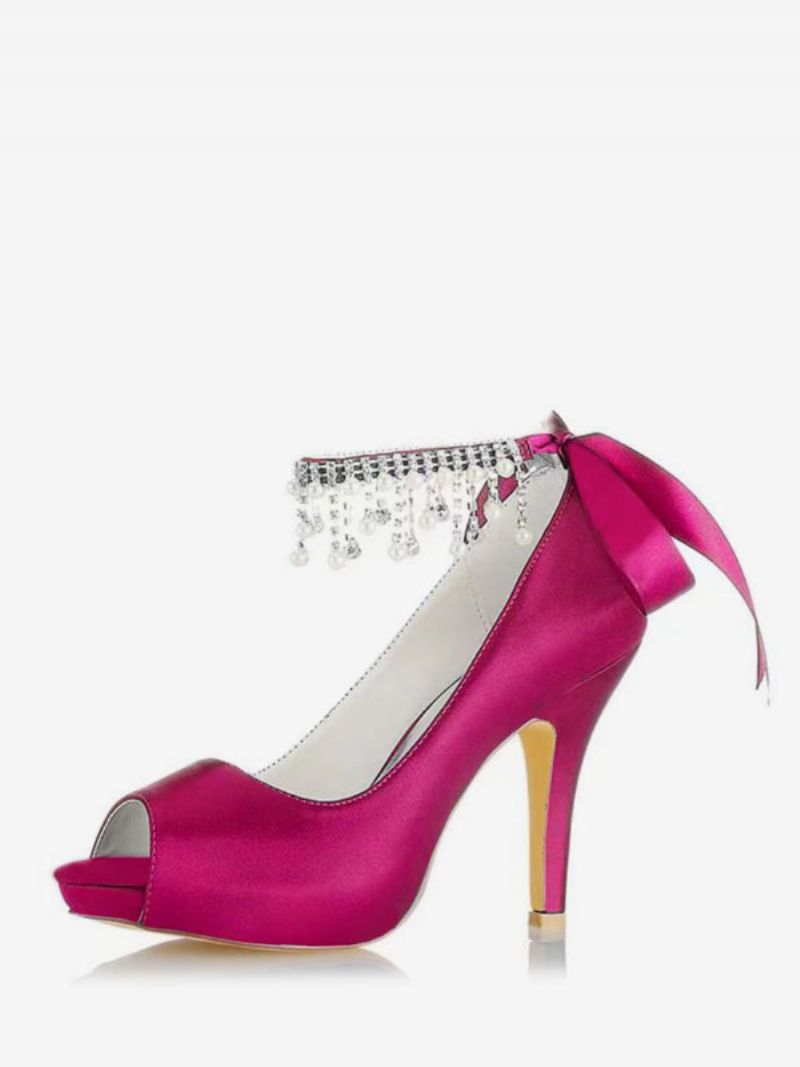 Bröllopsskor För Kvinnor Satin Burgundy Peep Toe Strass Chunky Heel Brudskor - Ros