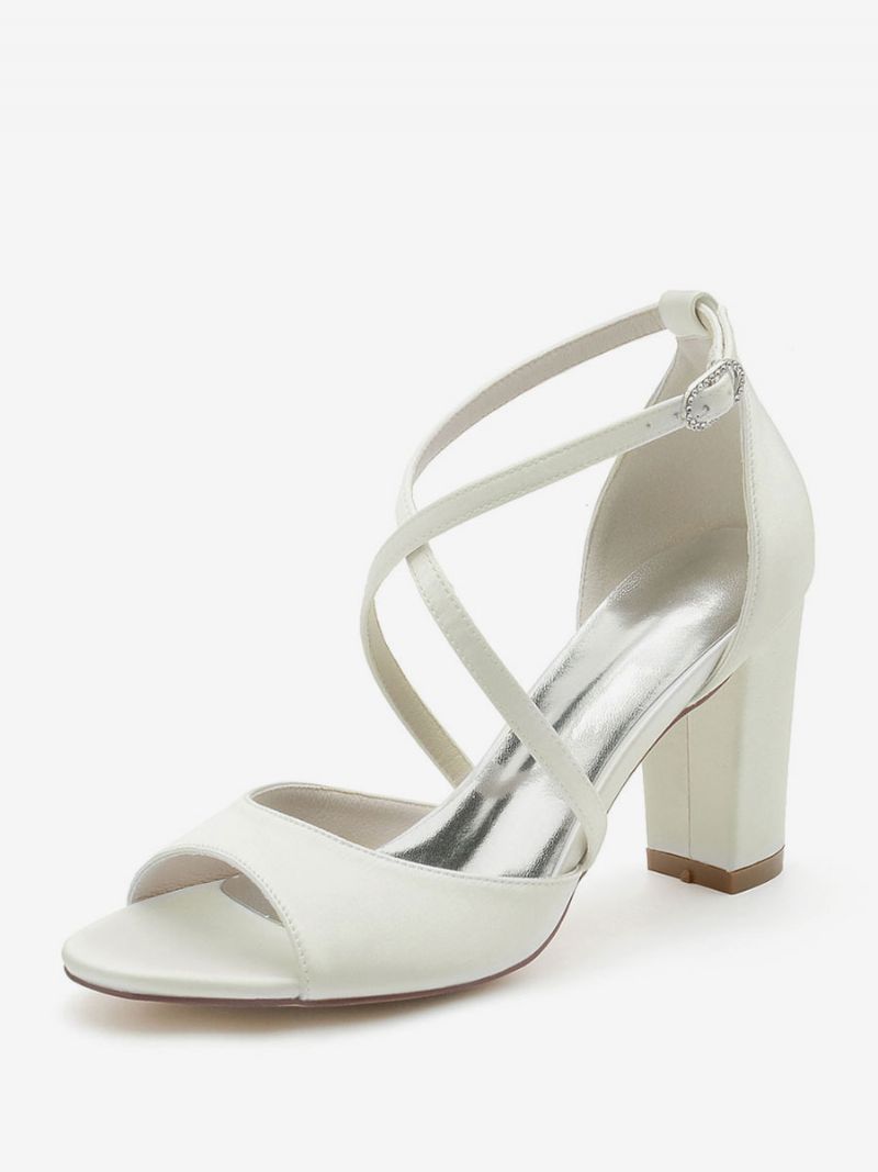 Bröllopsskor För Kvinnor Satin Peep Toe Block Klack Brudskor - Elfenben