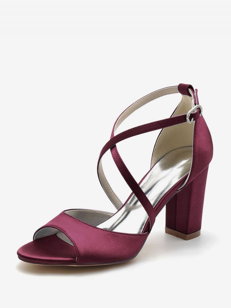 Bröllopsskor För Kvinnor Satin Peep Toe Block Klack Brudskor - Bourgogne