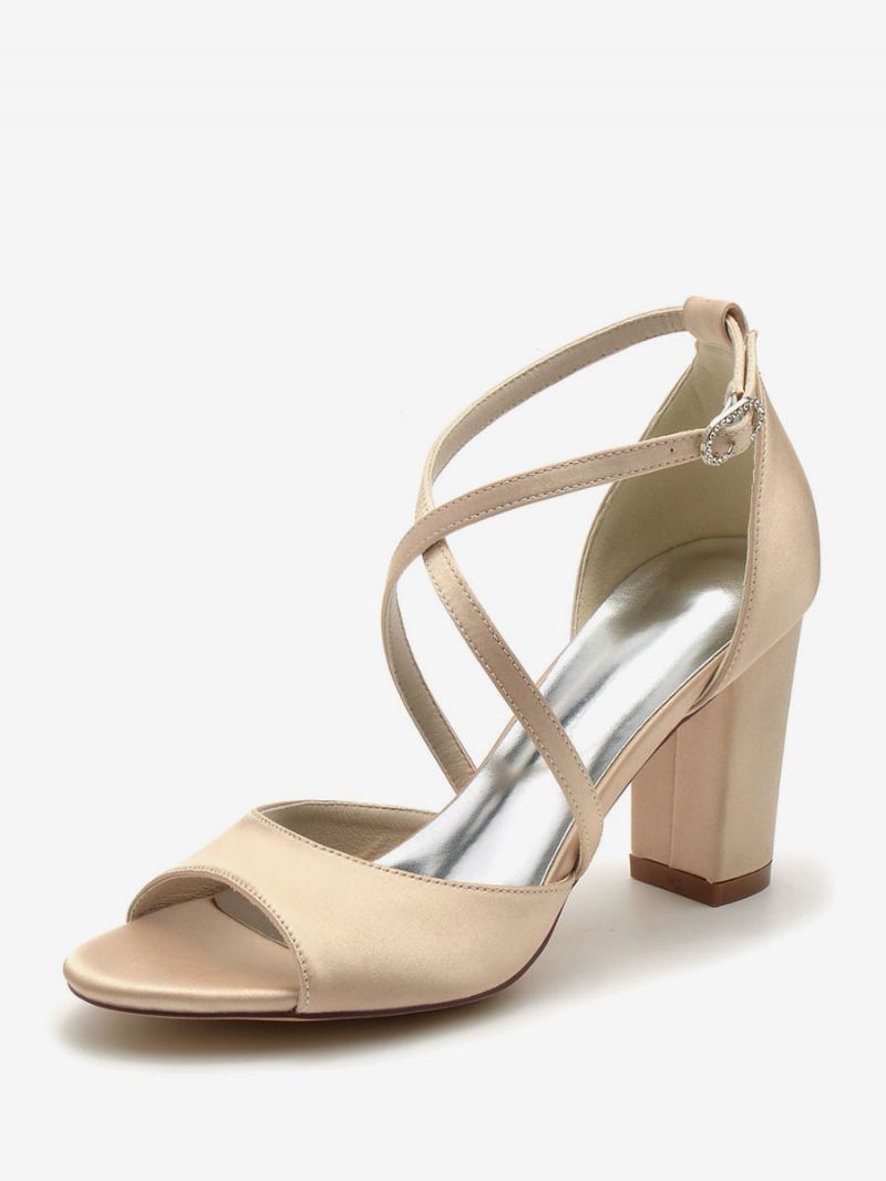 Bröllopsskor För Kvinnor Satin Peep Toe Block Klack Brudskor - Champagne