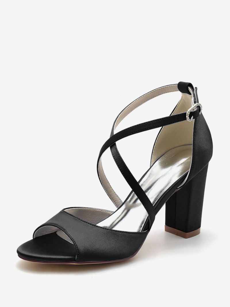 Bröllopsskor För Kvinnor Satin Peep Toe Block Klack Brudskor - Svart