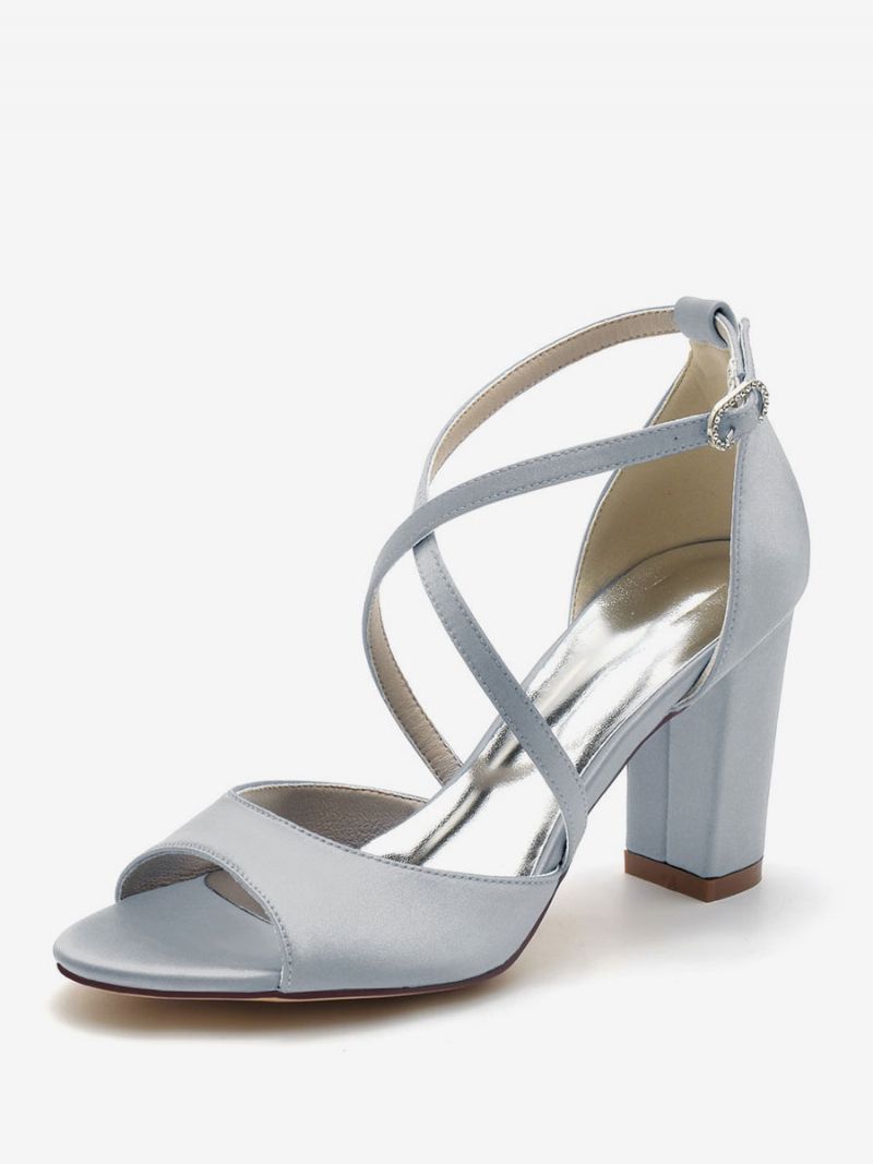 Bröllopsskor För Kvinnor Satin Peep Toe Block Klack Brudskor - Silver