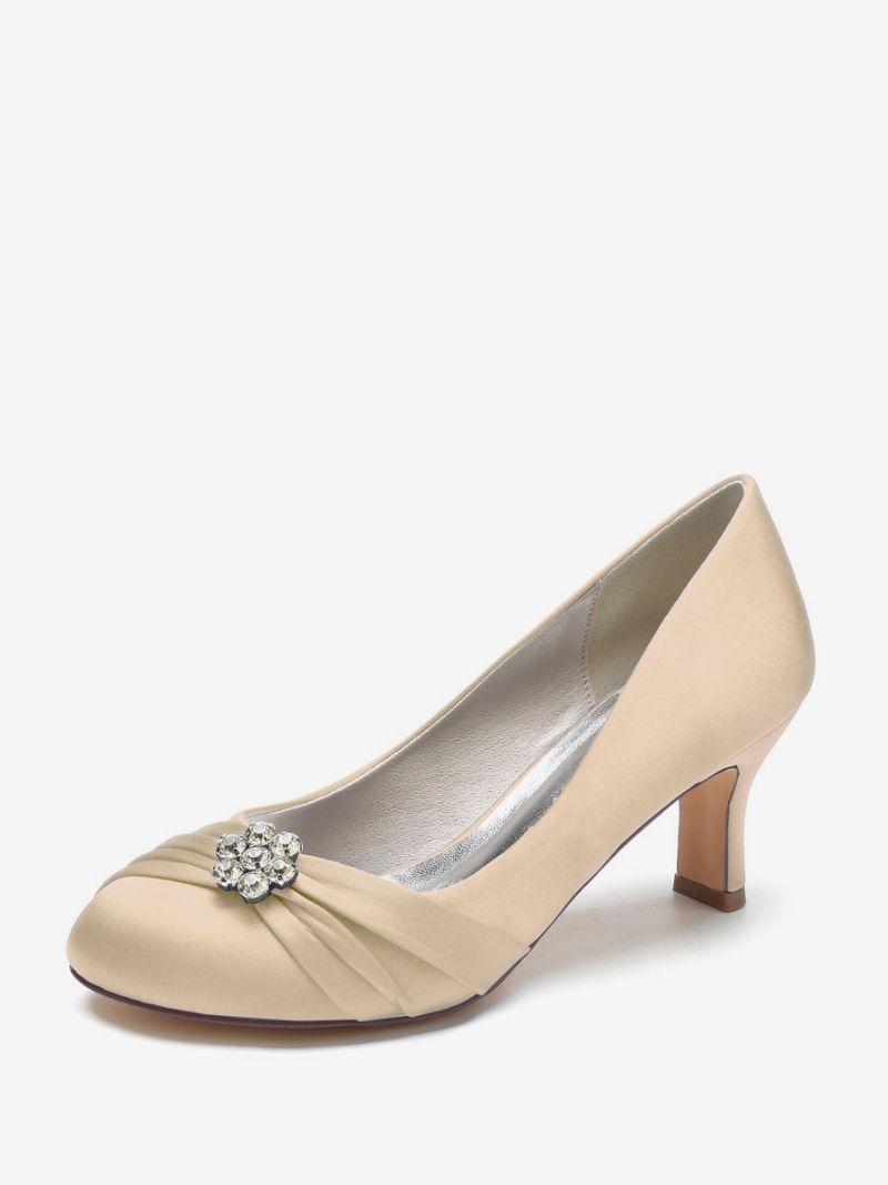 Bröllopsskor För Kvinnor Satin Rund Tå Rhinestones Chunky Heel Brudskor - Champagne