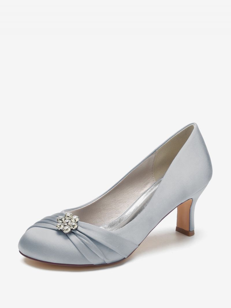 Bröllopsskor För Kvinnor Satin Rund Tå Rhinestones Chunky Heel Brudskor - Silver