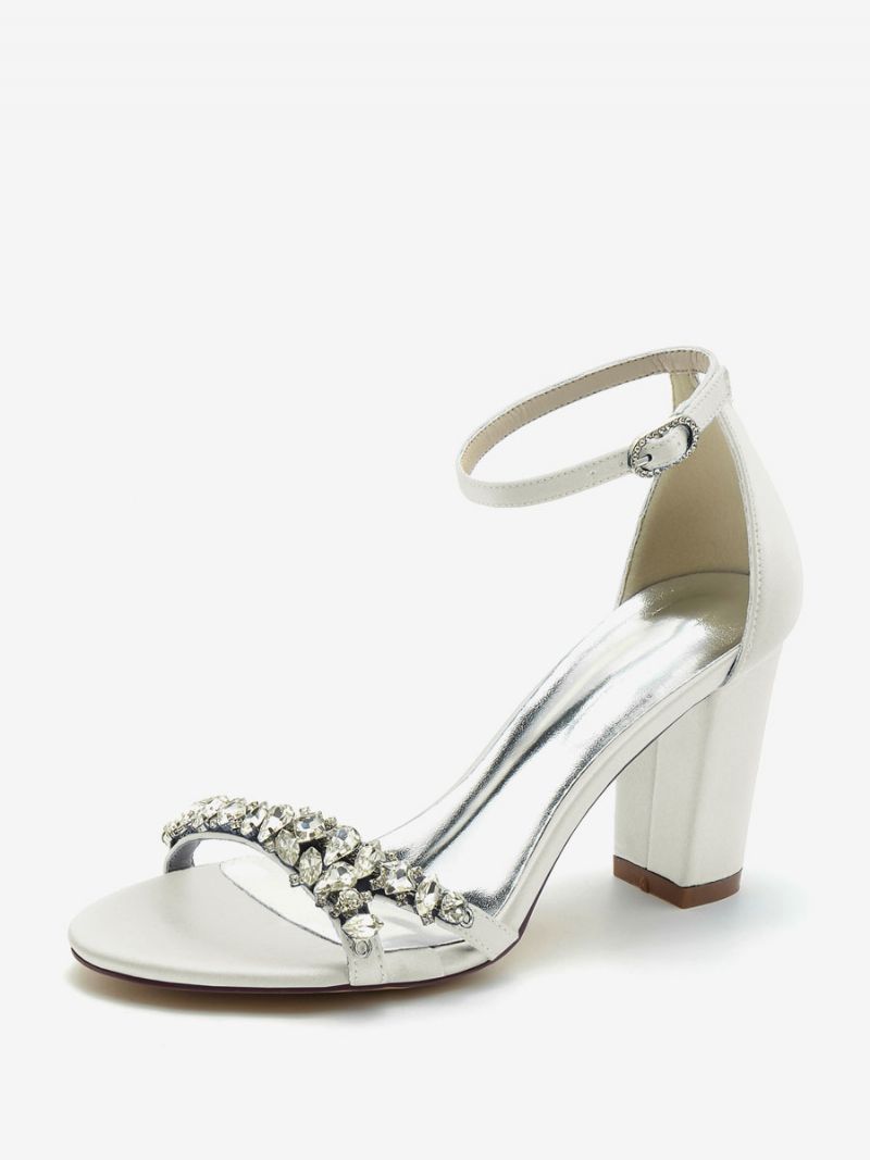 Bröllopsskor För Kvinnor Satin Vit Öppen Tå Rhinestones Chunky Heel Brudskor - Elfenben