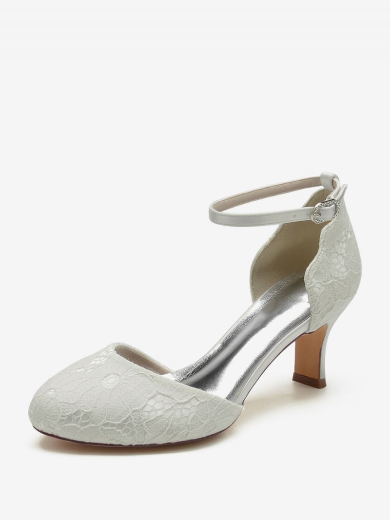 Bröllopsskor För Kvinnor Satin Vit Rund Tå Strass Chunky Heel Brudskor - Elfenben