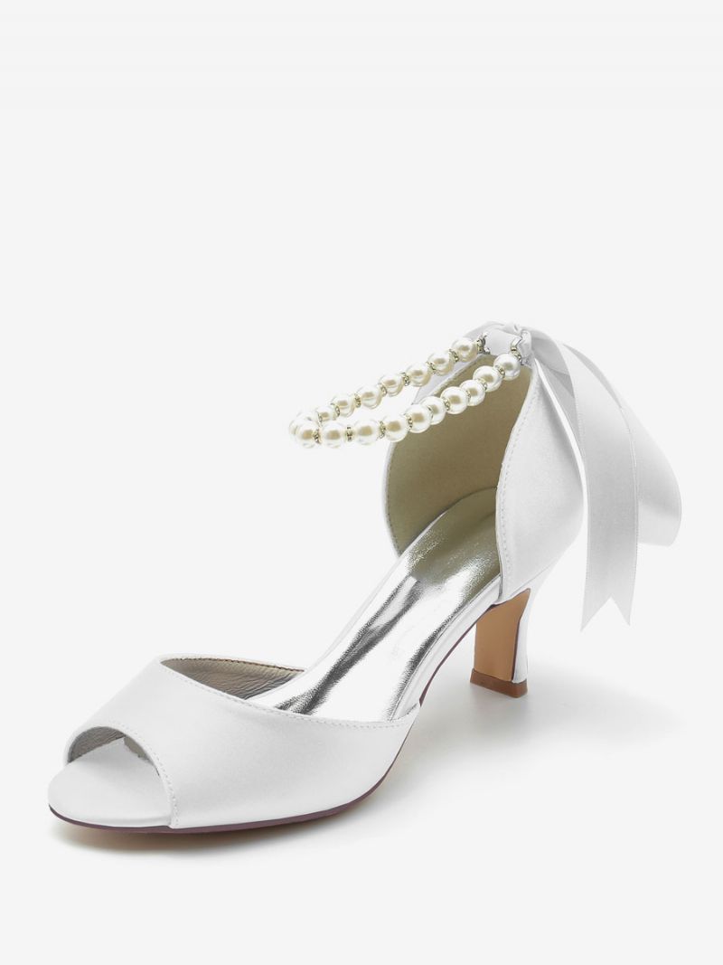 Bröllopsskor För Kvinnor Satin White Pearls Peep Toe Bow Ankel Strap Pumps