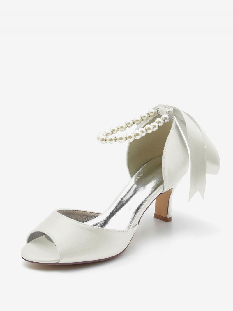 Bröllopsskor För Kvinnor Satin White Pearls Peep Toe Bow Ankel Strap Pumps - Elfenben