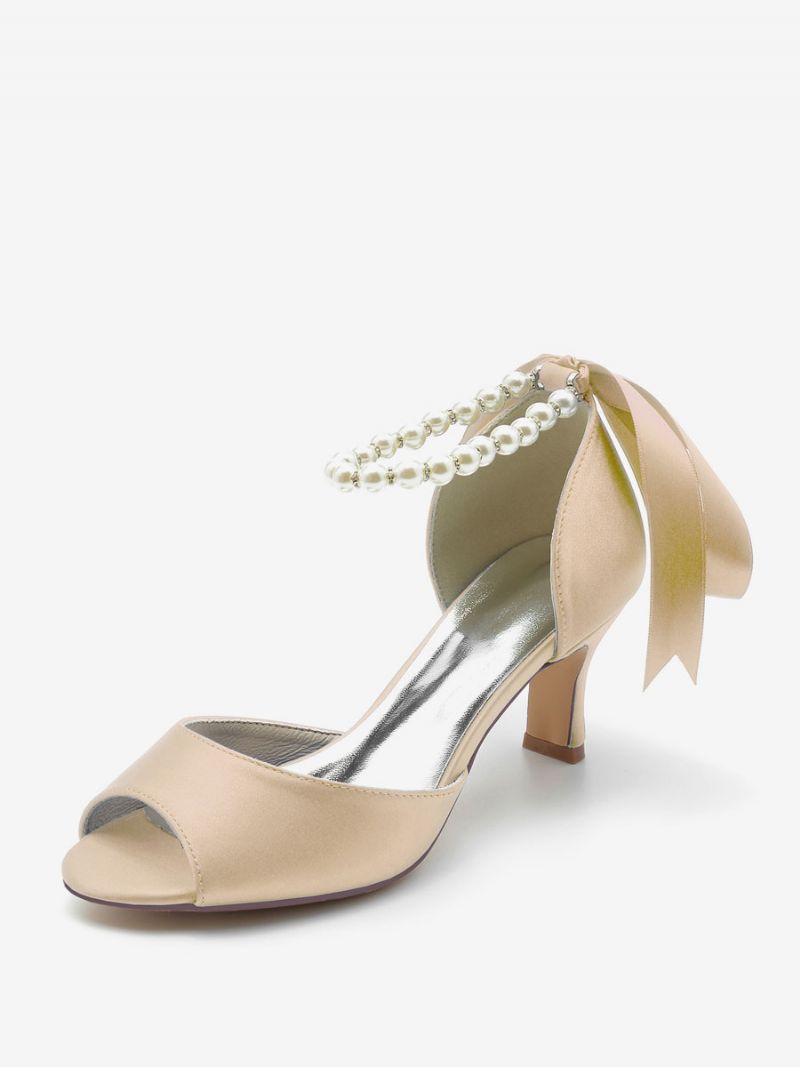 Bröllopsskor För Kvinnor Satin White Pearls Peep Toe Bow Ankel Strap Pumps - Champagne