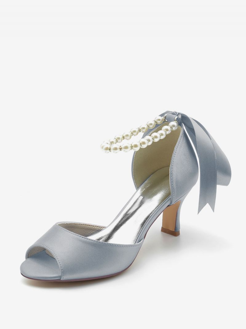 Bröllopsskor För Kvinnor Satin White Pearls Peep Toe Bow Ankel Strap Pumps - Silver