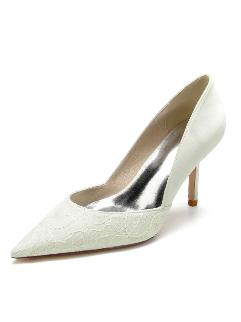 Bröllopsskor För Kvinnor Spets Spetsad Tå Med Stilettklack Bridal Pumps - Elfenben