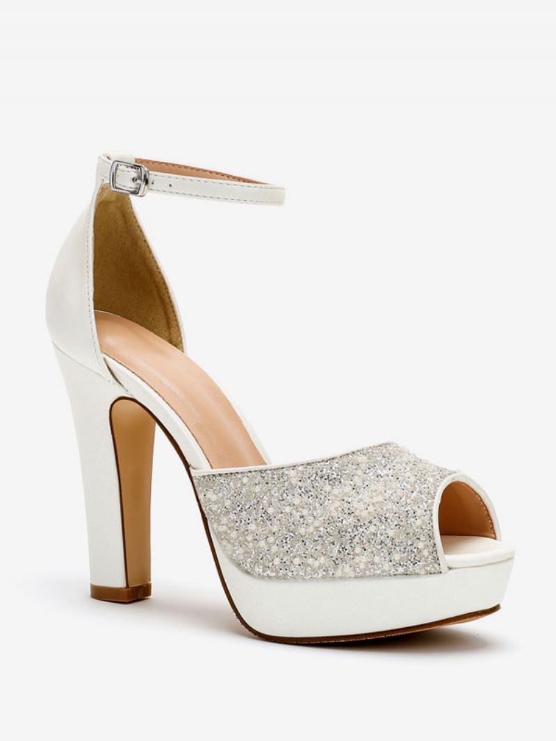 Bröllopsskor Med Glitter För Kvinnor Pu-läder Peep Toe Pearls Högklackade Brudpumpar - Vit