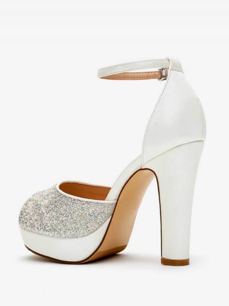 Bröllopsskor Med Glitter För Kvinnor Pu-läder Peep Toe Pearls Högklackade Brudpumpar - Vit