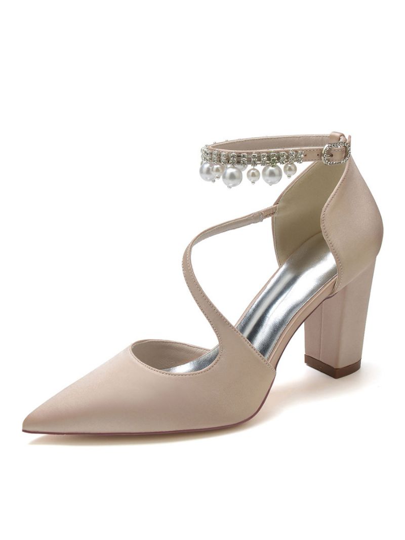 Brudskor Dam Pärlor Chunky Heel Pumps I Satin - Champagne